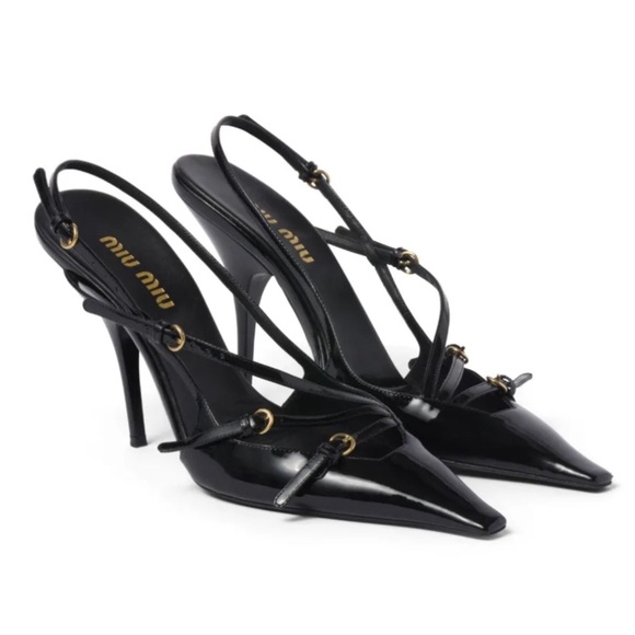 Miu Miu Buckles Black Patent Leather Heeled Slingback Sandals - Picture 1 of 7